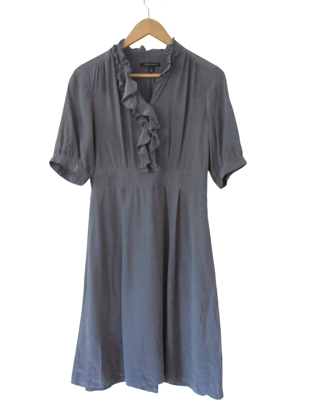 Banana Republic Gray Silk Dress 6 Ruffle Neckline Short Sleeves Peasant Flaw